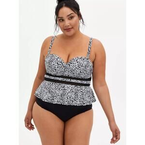 Torrid Underwire Mesh Cutout Peplum Black White Cheetah Tankini 2 Piece Set 1X